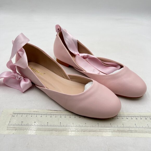 FSJ Light Pink Lace Up Ballet Flats Closed Toe Ballerinas Shoes - Picture 3 of 7